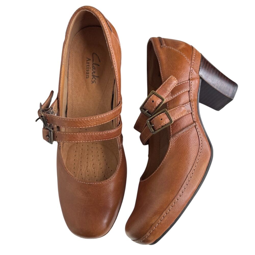 2000s Clarks Artisan Brown Leather Mary Jane Heels 7.5 Comfort